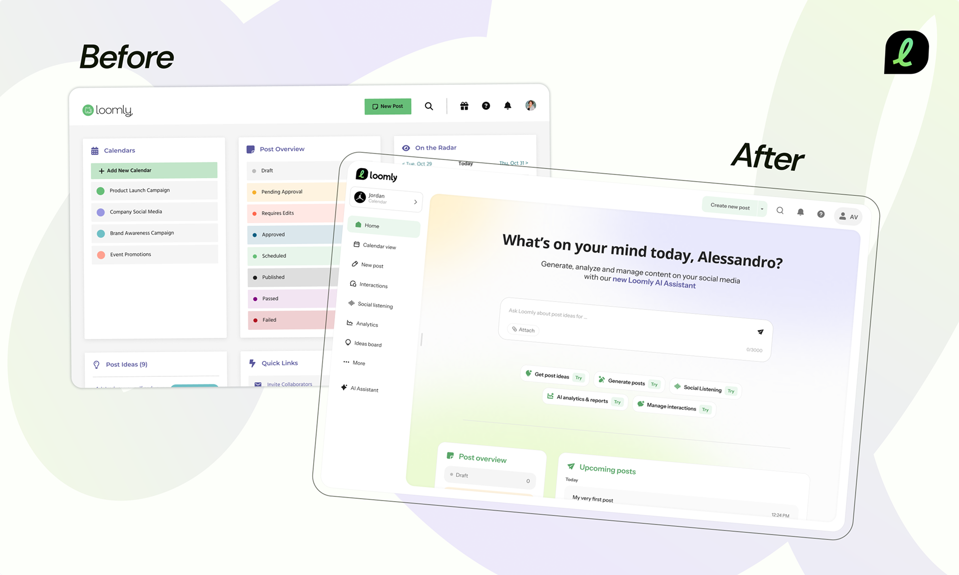 Loomly dashboard with AI assistant hero