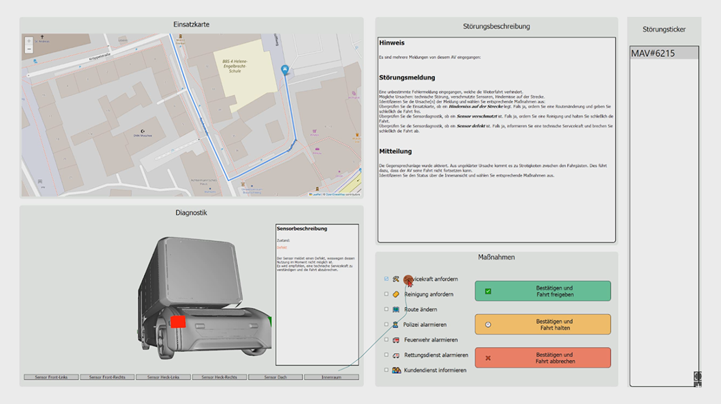 Remote assistance UI: map, diagnostics, ticket, and actions